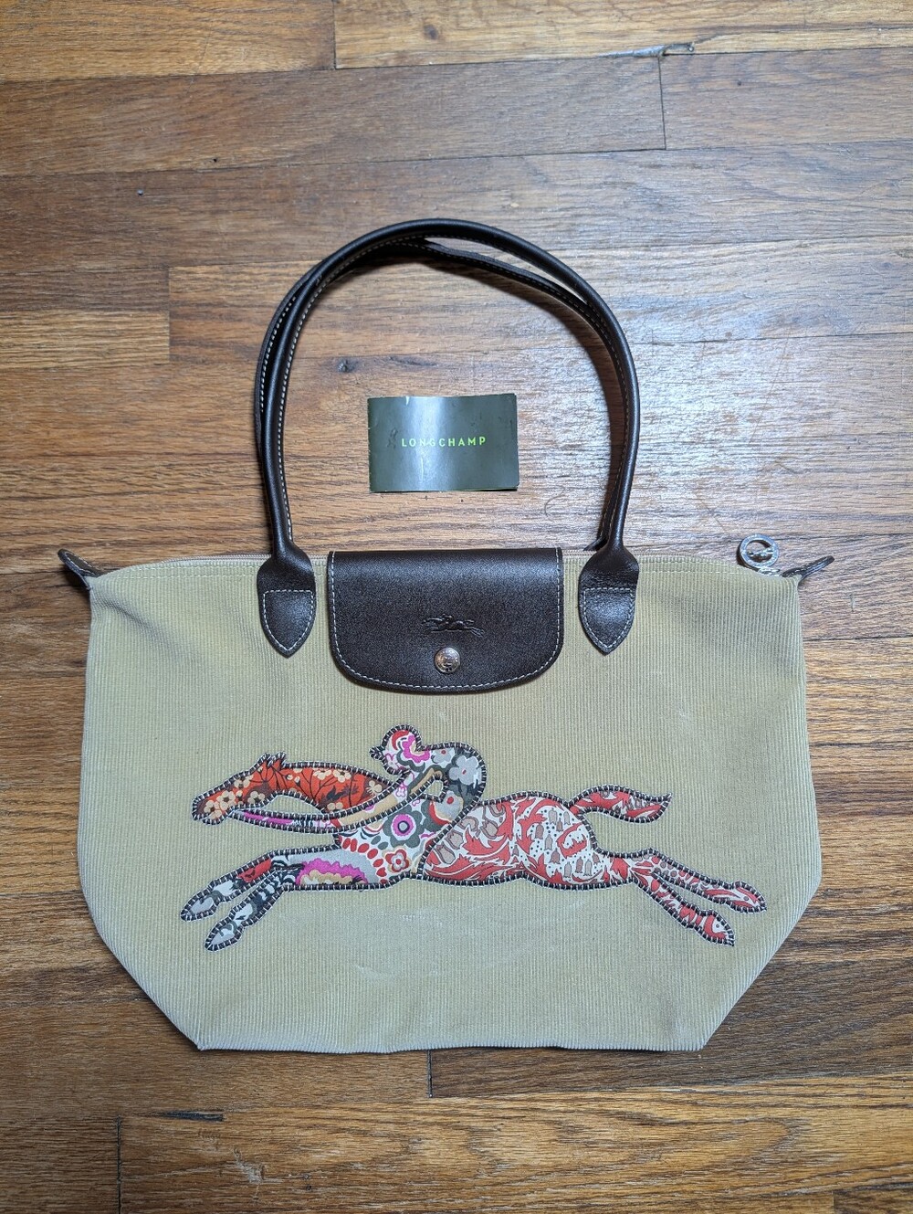 Longchamp Victoire Patchwork Corduroy Med Beige and Brown Leather Trim Tote - Picture 13 of 13